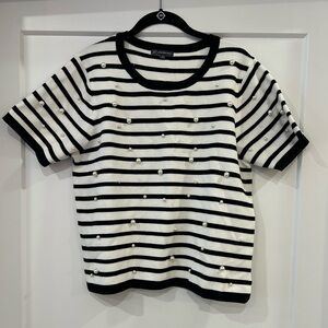 Adrianna Papell Black and White Striped Sweater Tee with 3D Pearl Details